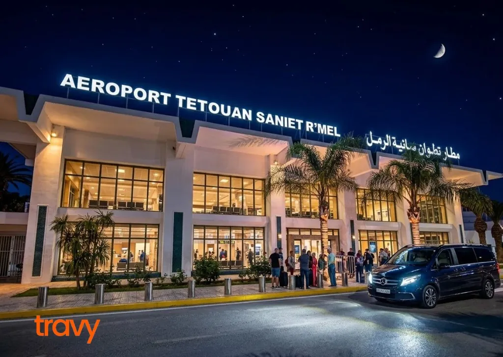 Tetouan Airport Transfer – Exterior Night View of Sania R'mel Terminal