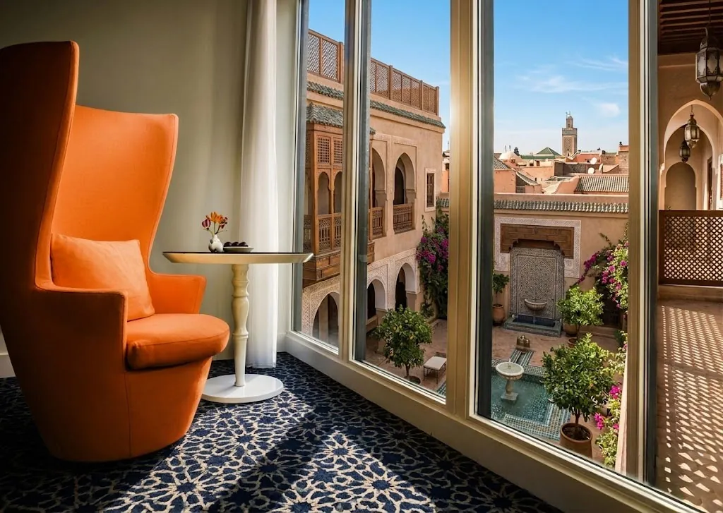 Concierge Morocco — luxury riad courtyard view from private suite with Travy corporate concierge services