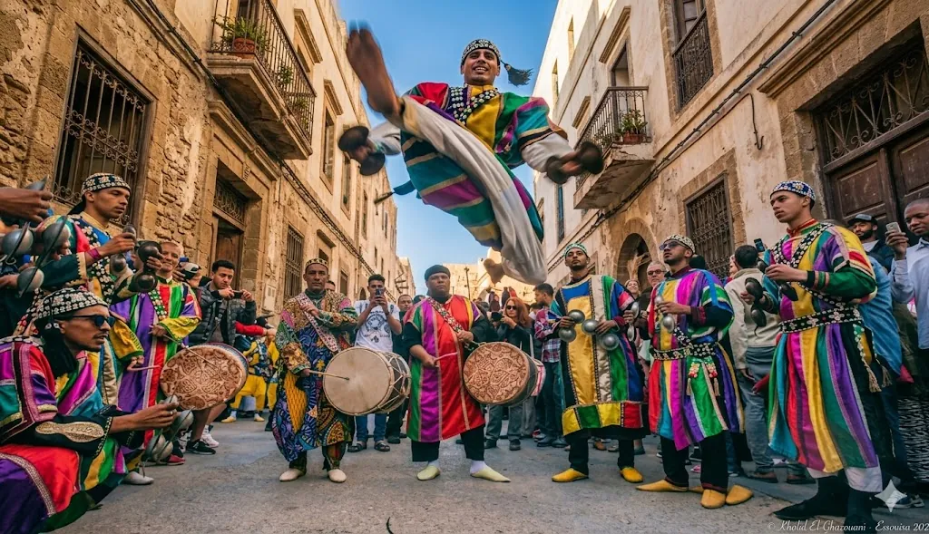Gnaoua musicians performing in Essaouira medina — Travy DMC Morocco cultural events and festivals