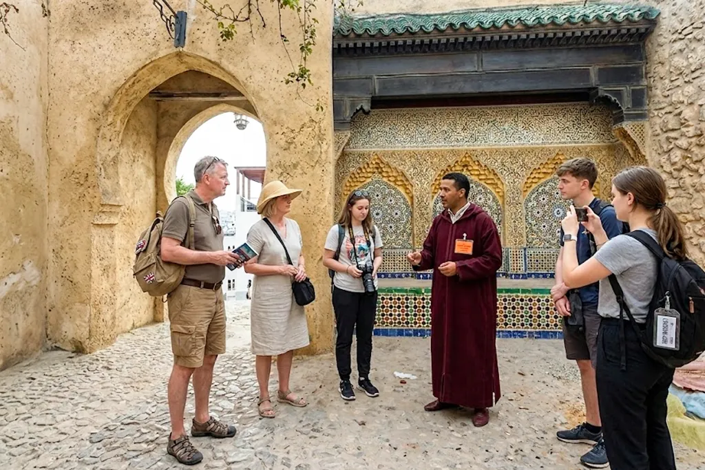Professional local guide leading a private group tour in a traditional Moroccan riad in Tangier